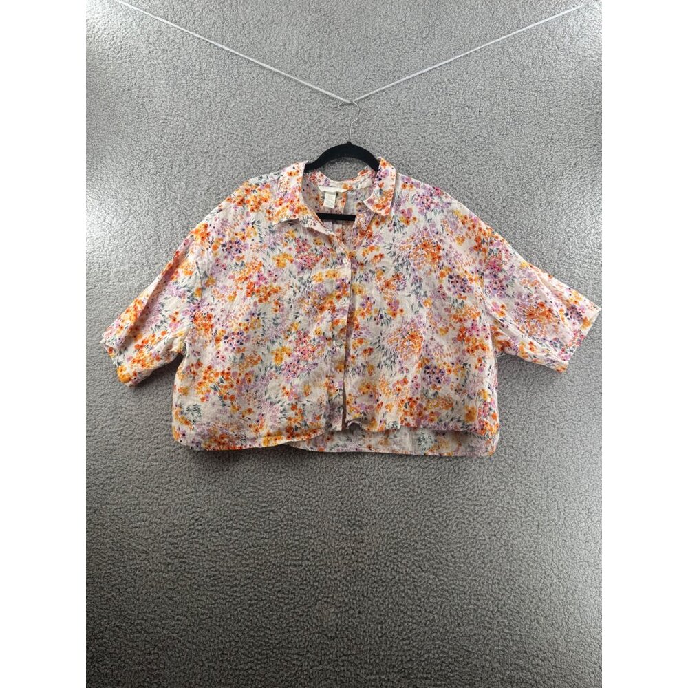H&M  Floral Linen Cropped Button-Up Shirt With 3/4 Sleeves Size XL